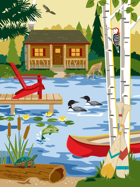 Puzzle featuring a lakeside cabin, ducks, deer, woodpecker, turtle, fish, canoe with paddles, red chair on dock, and birch trees in the background.
