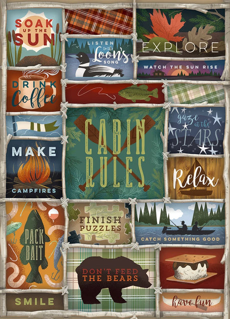 Jigsaw puzzle featuring a collage of illustrated cabin rules and activities such as relaxing, fishing, campfires, and outdoor scenes in rustic colors.