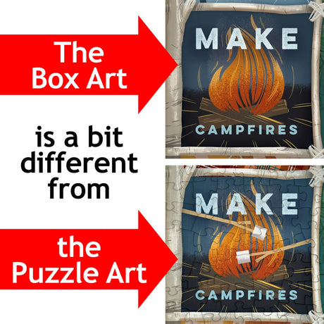 Box and completed puzzle shown side by side; the puzzle features two marshmallows on sticks over a campfire that are not present on the box art.