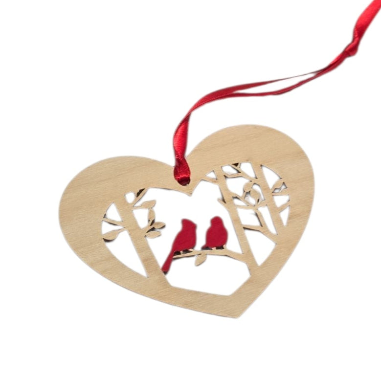 “I Am Always with You” heart-shaped birch ornament (3.75" × 3.25") features two laser-cut cardinals on a branch—a touching memorial accent for any space.