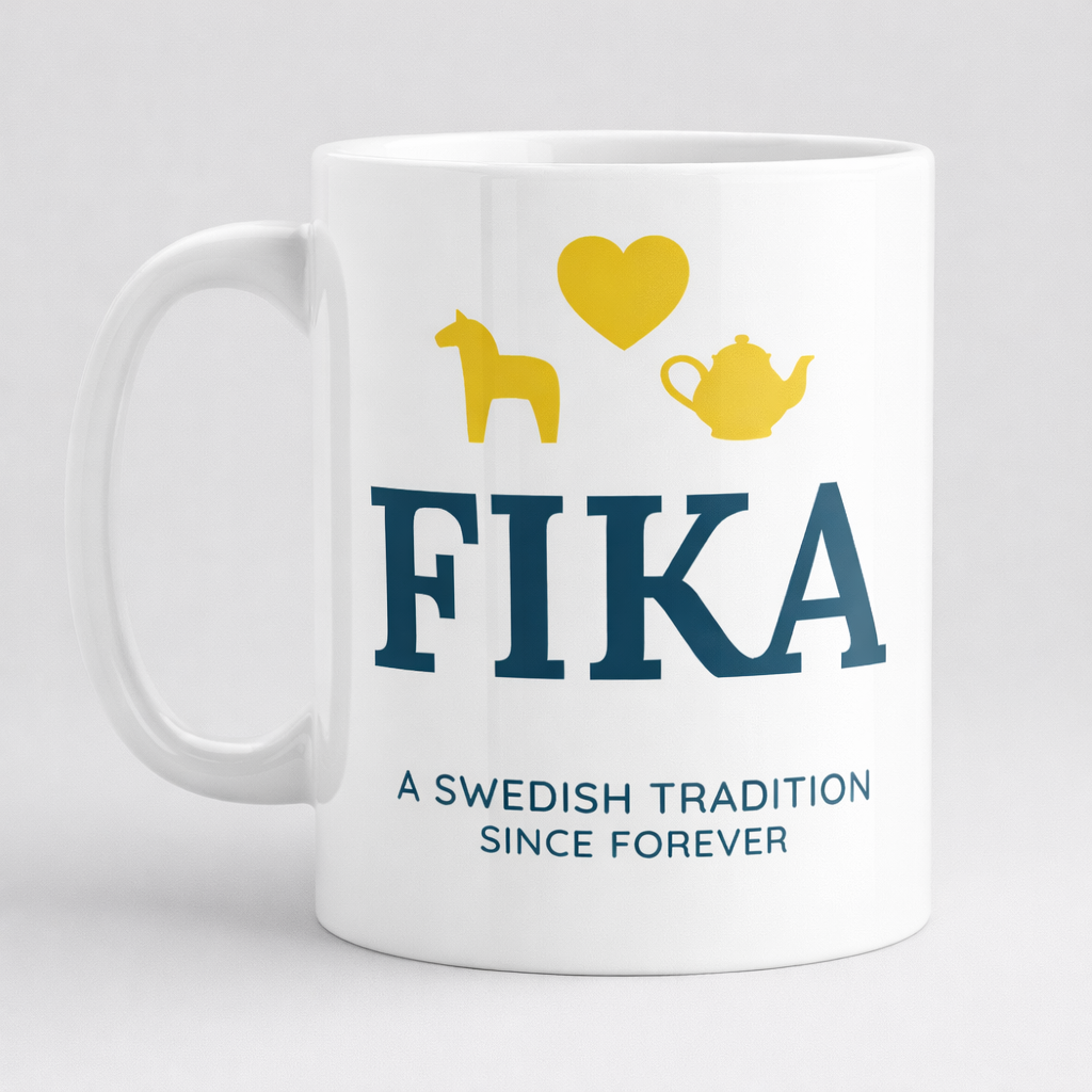 Celebrate Sweden's beloved Fika tradition with this white 11oz mug featuring blue "FIKA" text, "A Swedish Tradition Since Forever," and yellow icons of a horse, heart, and teapot. Perfect for enjoying coffee the Swedish way!.