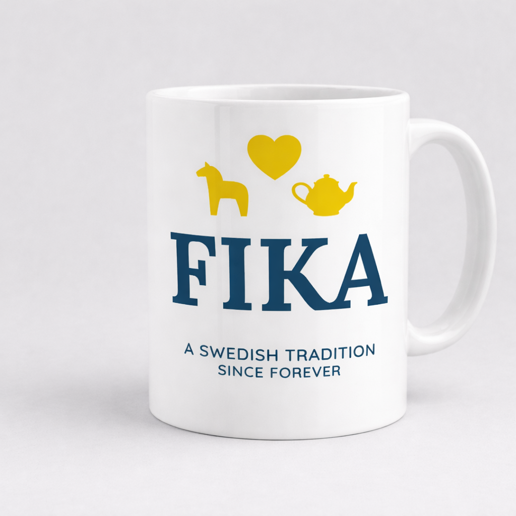 The Coffee Mug: Fika A Swedish Tradition 11oz Mug is a white Scandinavian mug with blue FIKA text and "A Swedish Tradition Since Forever," featuring yellow icons—a horse, heart, and teapot—celebrating Swedish fika.