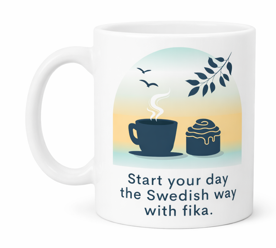 Enjoy your morning coffee with the 11oz Coffee Mug: Start Your Day the Swedish Way, featuring a white design with cup, pastry, birds, leaves, and the phrase: “Start your day the Swedish way with fika”—perfect for Scandinavian mug lovers.
