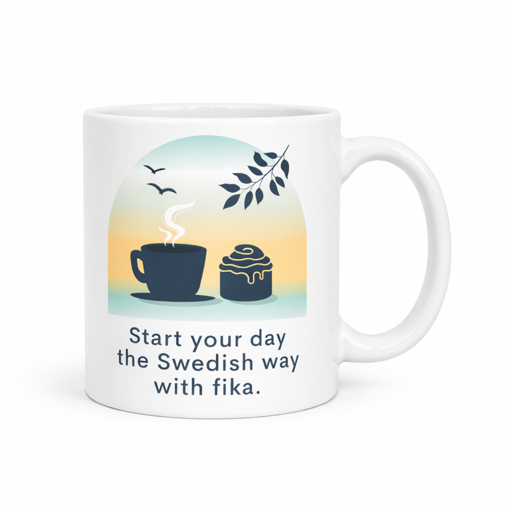 Enjoy your morning coffee with the 11oz "Start Your Day the Swedish Way" mug, featuring charming illustrations of a steaming cup, pastry, birds, and leaves—a perfect Scandinavian touch for cozy fika moments.