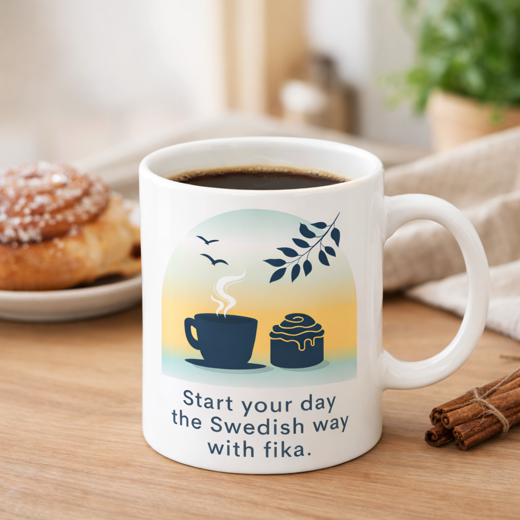 Enjoy a cozy breakfast with the "Coffee Mug: Start Your Day the Swedish Way Mug – 11oz," featuring a coffee cup, pastry, cinnamon bun, and plant alongside the text: Start your day the Swedish way with fika.