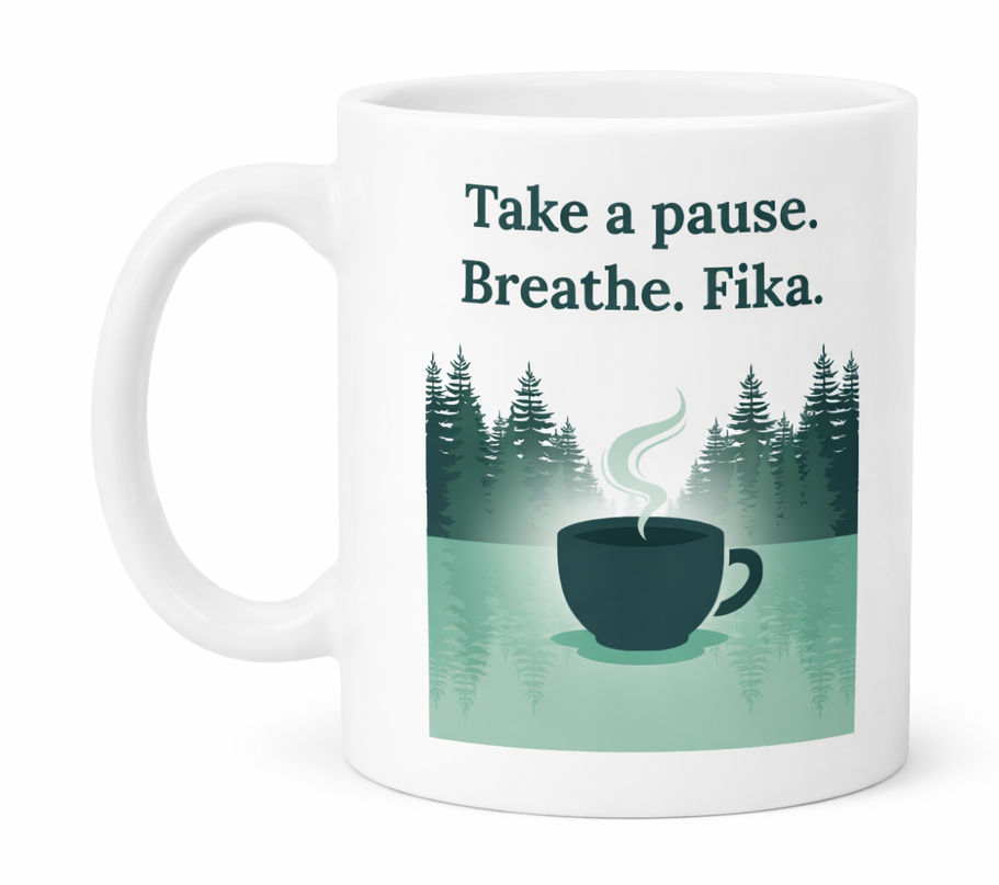 The Coffee Mug: Take a pause. Breathe. Fika. Coffee Mug (11oz) features a steaming cup among pine trees and the text "Take a pause. Breathe. Fika."—a perfect mindful gift for relaxing coffee moments.