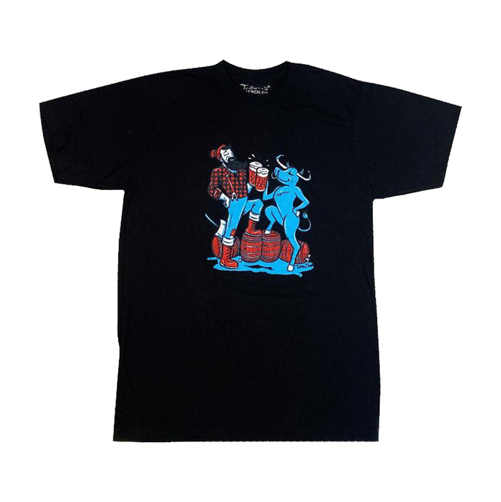 The Paul & Babe Cheers T-Shirt by Adam Turman features a graphic of Paul Bunyan in a plaid shirt holding a drink, with Babe the Blue Ox standing on barrels.