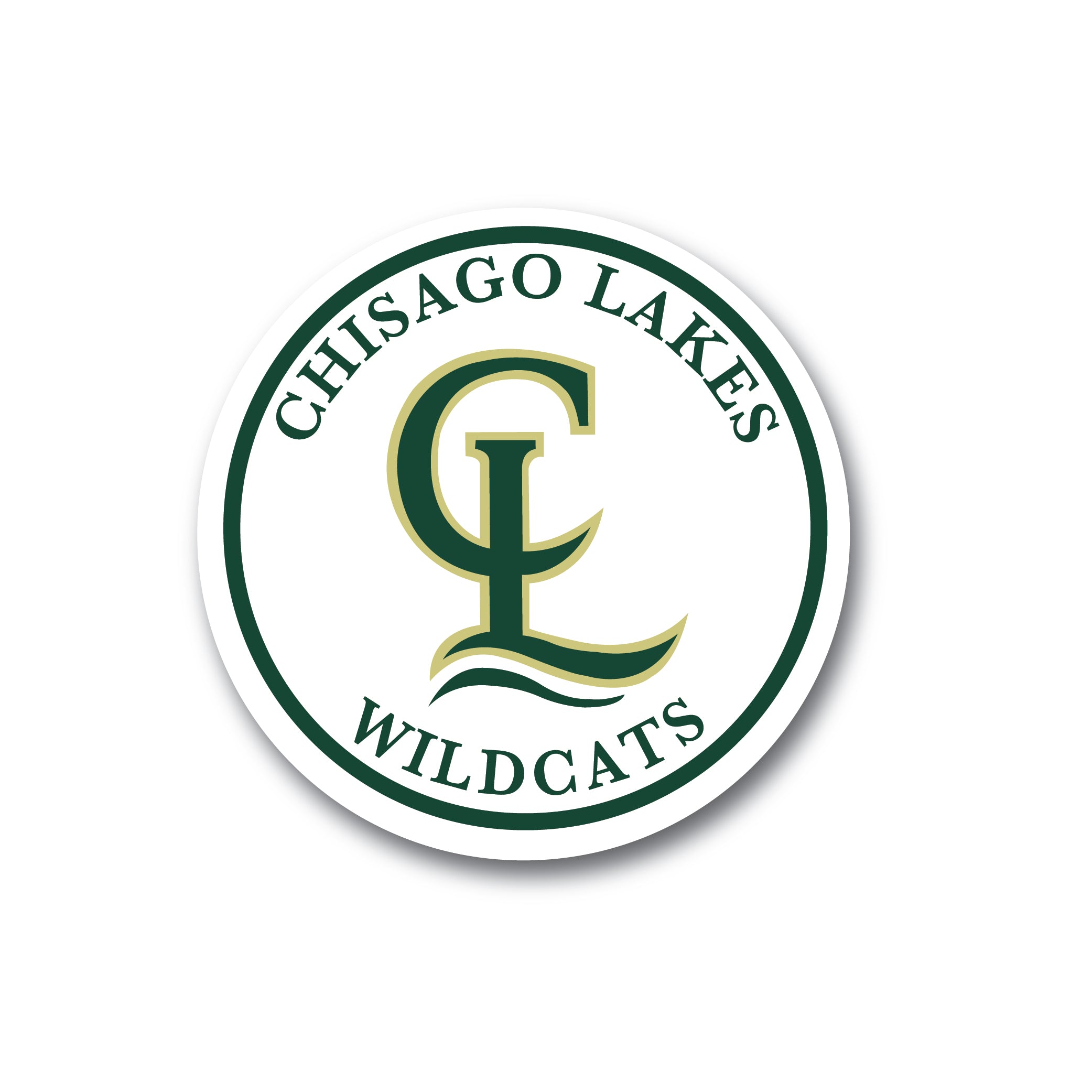 Sticker design showcasing the emblem of Chisago Lakes Wildcats, highlighting the initials CL in green and gold within a circular frame.