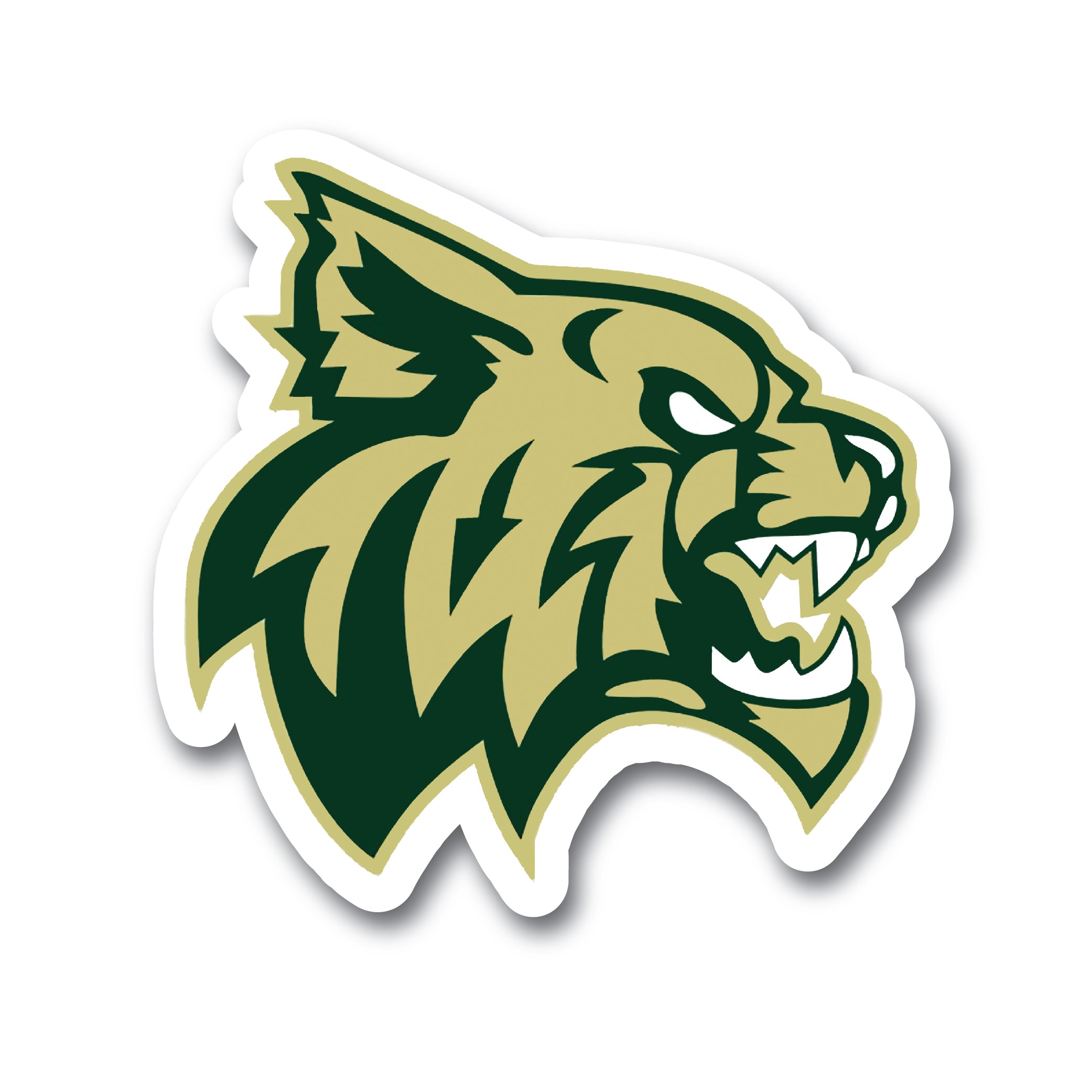 Sticker: Wildcat showcases a stylized design of a green and tan wildcat head with bared teeth, ideally sized at 3 in x 2.9 in on a clean white background.