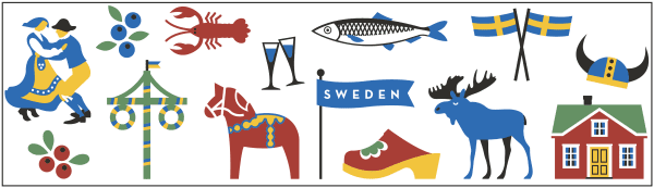 The Coffee Mug: Sweden Traditions Enamel Mug displays iconic Swedish symbols—traditional dancers, berries, seafood, maypole, Dala horse, flag, wooden shoe, moose, Viking helmet & red cottage—making it a perfect Swedish gift.