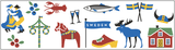 The Coffee Mug: Sweden Traditions Enamel Mug displays iconic Swedish symbols—traditional dancers, berries, seafood, maypole, Dala horse, flag, wooden shoe, moose, Viking helmet & red cottage—making it a perfect Swedish gift.