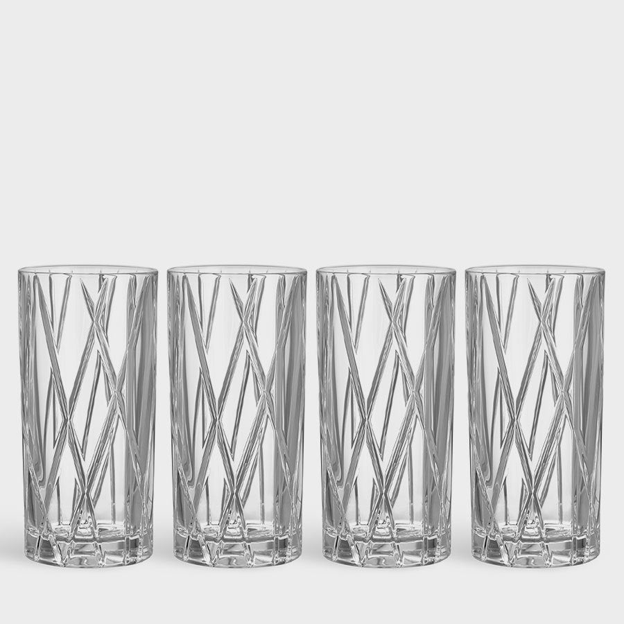 A set of four 12oz City Highball Glass tumblers with a crisscross pattern, made from exquisite Orrefors crystal.