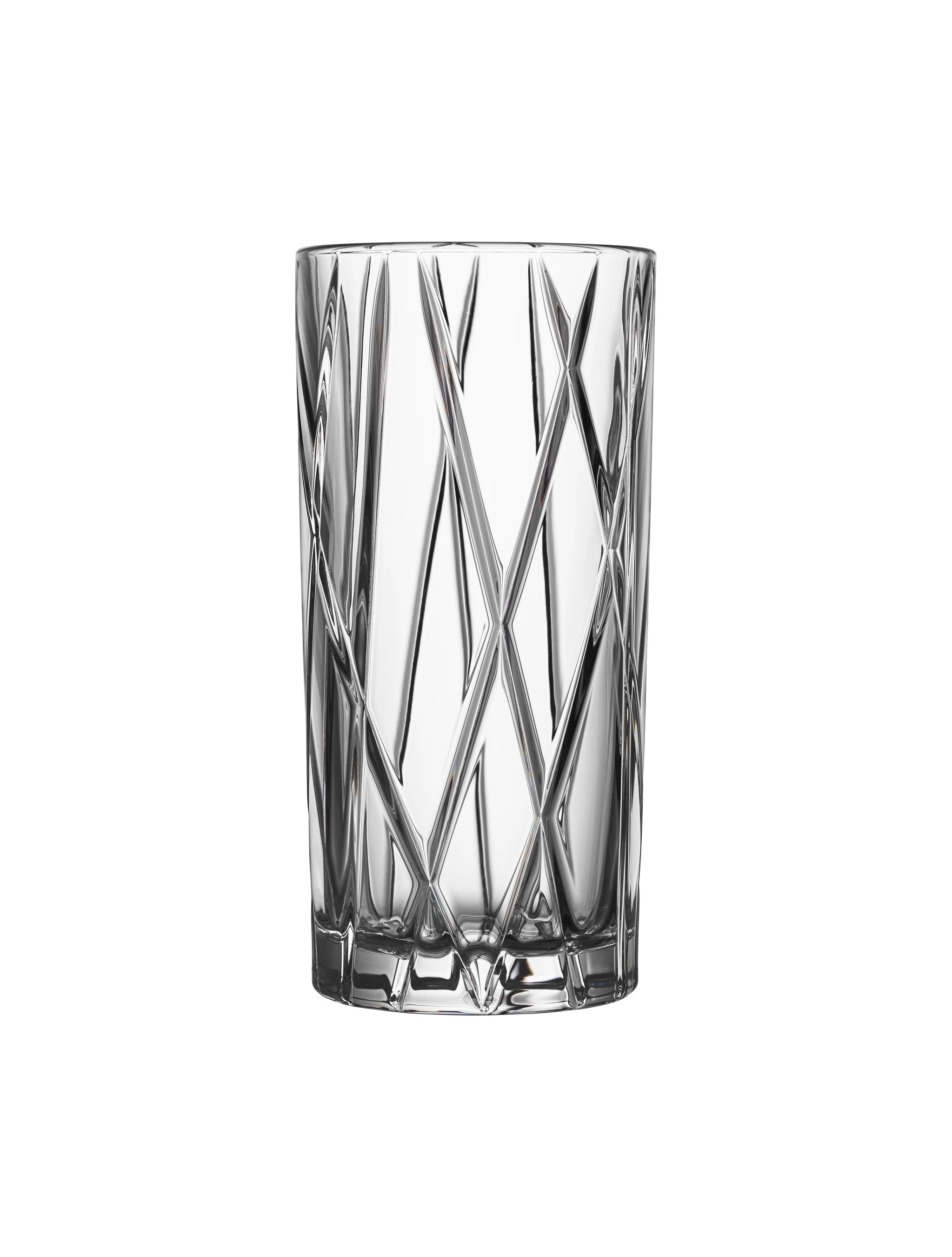 The Orrefors City Highball Glass 12oz, available in a 4-pack, features a tall cylindrical design with an intricate geometric pattern.