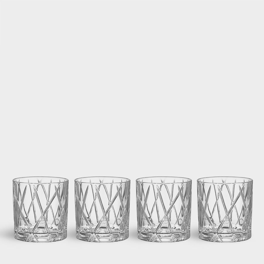 Four Orrefors City Double Old Fashioned 11oz tumblers, featuring a crisscross pattern and designed by Martti Rytkönen, are set against a plain white background.