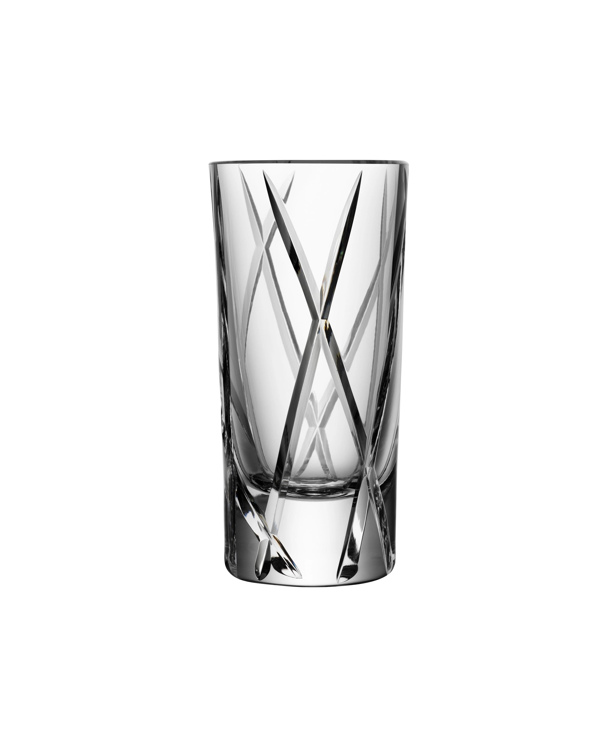 The Orrefors City Shot Glass set, featuring a clear cylindrical design with an etched diagonal line pattern, is displayed against a white background.