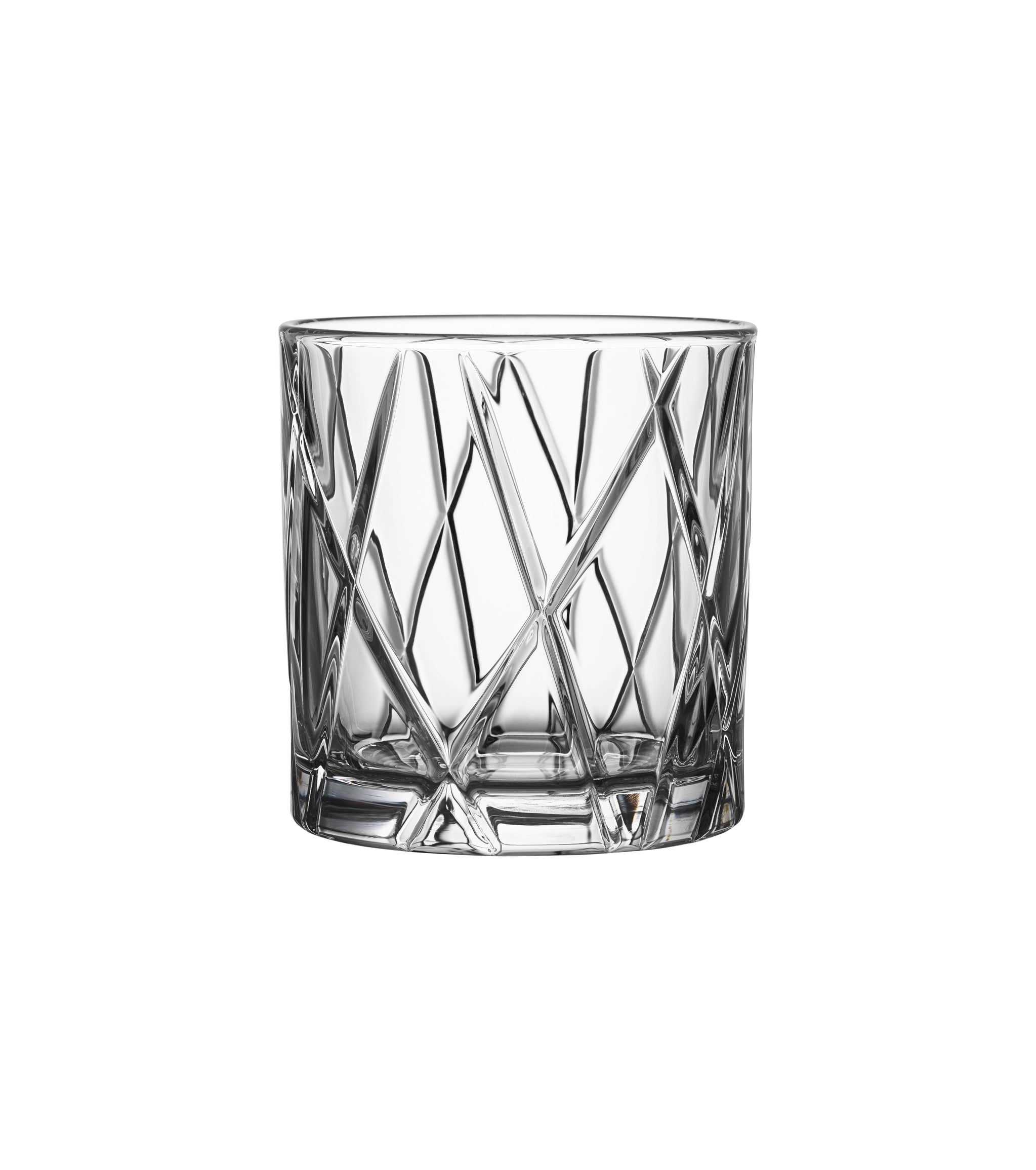 The Orrefors City Double Old Fashioned Glass 11oz (4-Pack) by Martti Rytkönen is a clear cylindrical glass featuring an intricate geometric crisscross pattern, elegantly set against a white background.