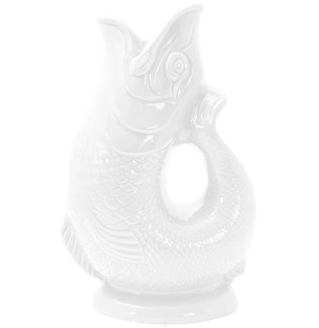 The Gluggle Jug: Gluggle Jug Classic Made in Europe is a white ceramic fish-shaped jug with detailed scales and an open mouth, shown against a plain white background—a timeless piece of British tableware.