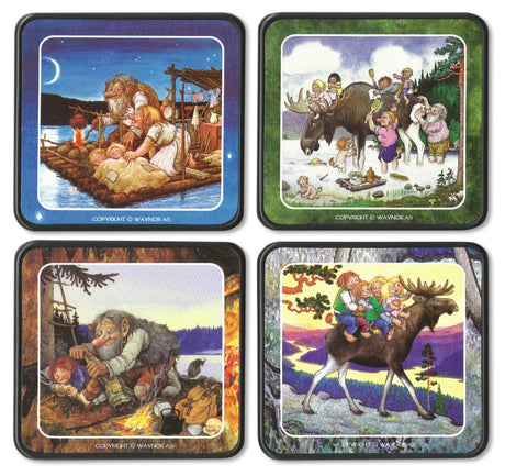 The Rolf Lidberg Collection Coasters (4-Pack) feature four playful Nordic scenes with trolls, children, and animals—perfect as a Scandinavian gift or to enjoy in your home.