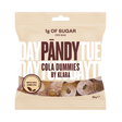 A beige packet of Pandy Sugar Free Sour Cola Dummies candy highlights Scandinavian confectionery innovation, containing only 1g of sugar per bag and boasting a 40% reduction in CO2 emissions.