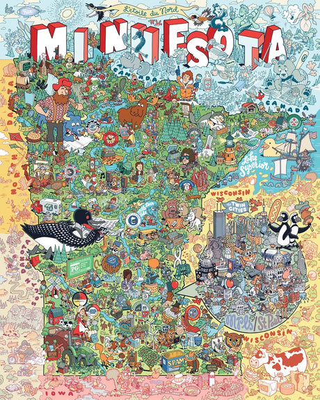 Jigsaw puzzle featuring a colorful illustrated map of Minnesota with landmarks, animals, regional foods, lakes, and whimsical characters drawn by Kevin Cannon.