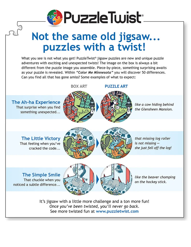 Jigsaw puzzle with Minnesota-themed artwork by Kevin Cannon, loose sample pieces above the completed image showing changes between the piece illustrations and final design.