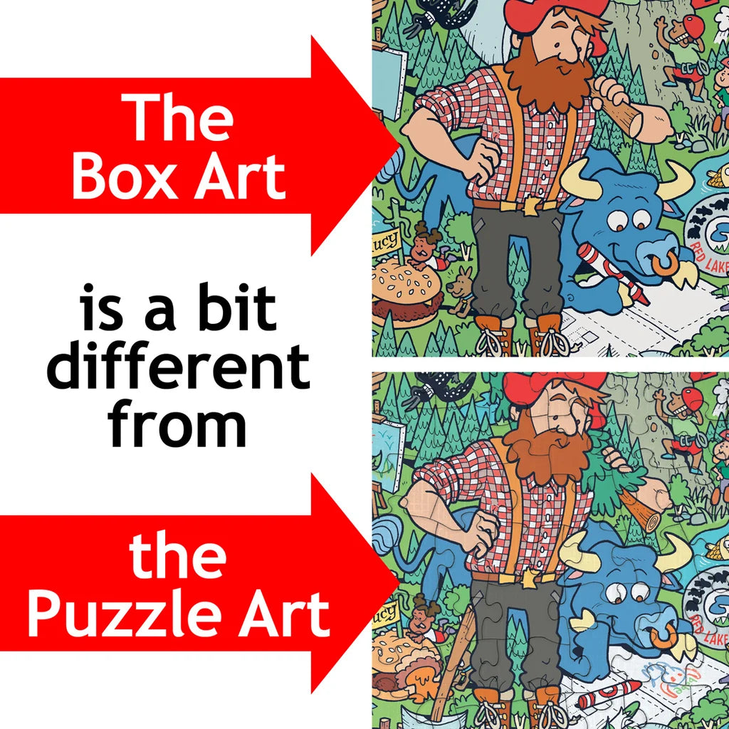 Split image shows box art and assembled puzzle art of a lumberjack with a blue ox; text between images points out visible differences in the two illustrations.