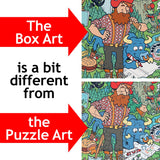 Split image shows box art and assembled puzzle art of a lumberjack with a blue ox; text between images points out visible differences in the two illustrations.