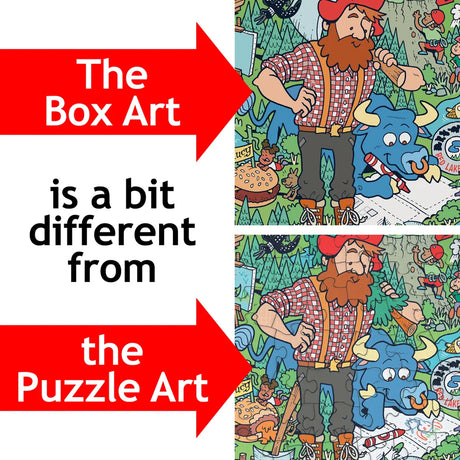 Split image shows box art and assembled puzzle art of a lumberjack with a blue ox; text between images points out visible differences in the two illustrations.