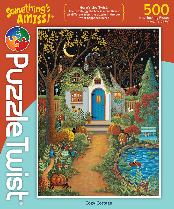 The PuzzleTwist Something's Amiss! Cozy Cottage 500 Piece puzzle by artist Mary Charles showcases a charming house under a starry sky with an autumn garden, tranquil pond, and colorful trees.