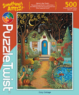The PuzzleTwist Something's Amiss! Cozy Cottage 500 Piece puzzle by artist Mary Charles showcases a charming house under a starry sky with an autumn garden, tranquil pond, and colorful trees.