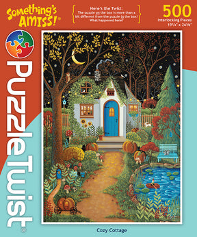 The PuzzleTwist Something's Amiss! Cozy Cottage 500 Piece puzzle by artist Mary Charles showcases a charming house under a starry sky with an autumn garden, tranquil pond, and colorful trees.