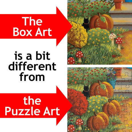 Side-by-side images show a puzzle box featuring a cottage illustration and the assembled puzzle with visible differences in pumpkins, shrubs, and artistic details.