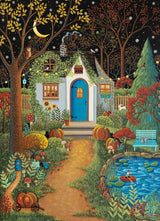 The PuzzleTwist Something's Amiss! Cozy Cottage 500 Piece puzzle by Mary Charles features a whimsical night scene with a blue-doored cottage, colorful trees and flowers, pumpkins, a pond, and a crescent moon.