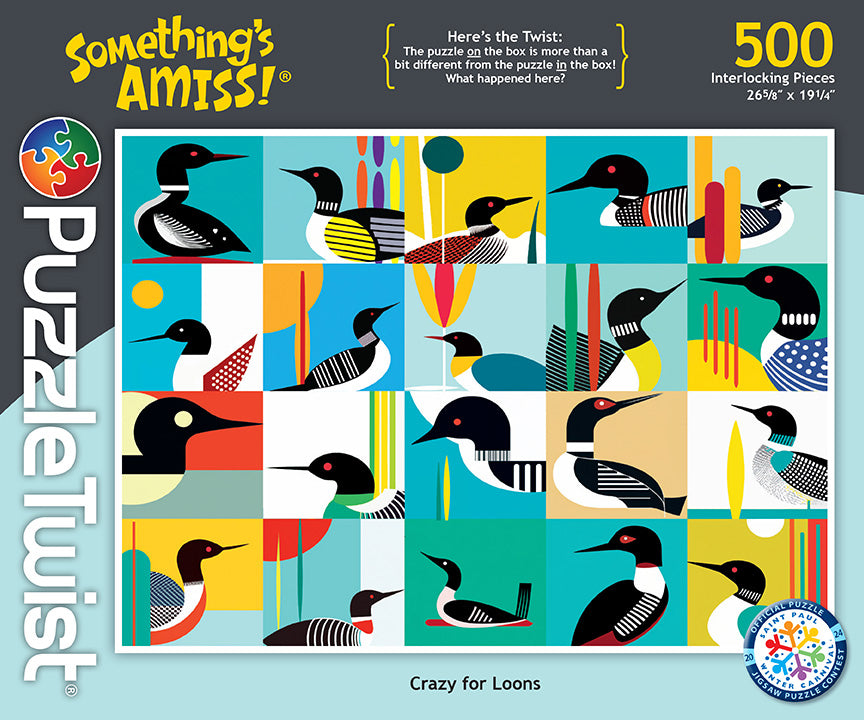 The 500-piece PuzzleTwist Crazy for Loons by artist Sarah Brown features vibrant, abstract loon designs, delighting enthusiasts with intricate details.