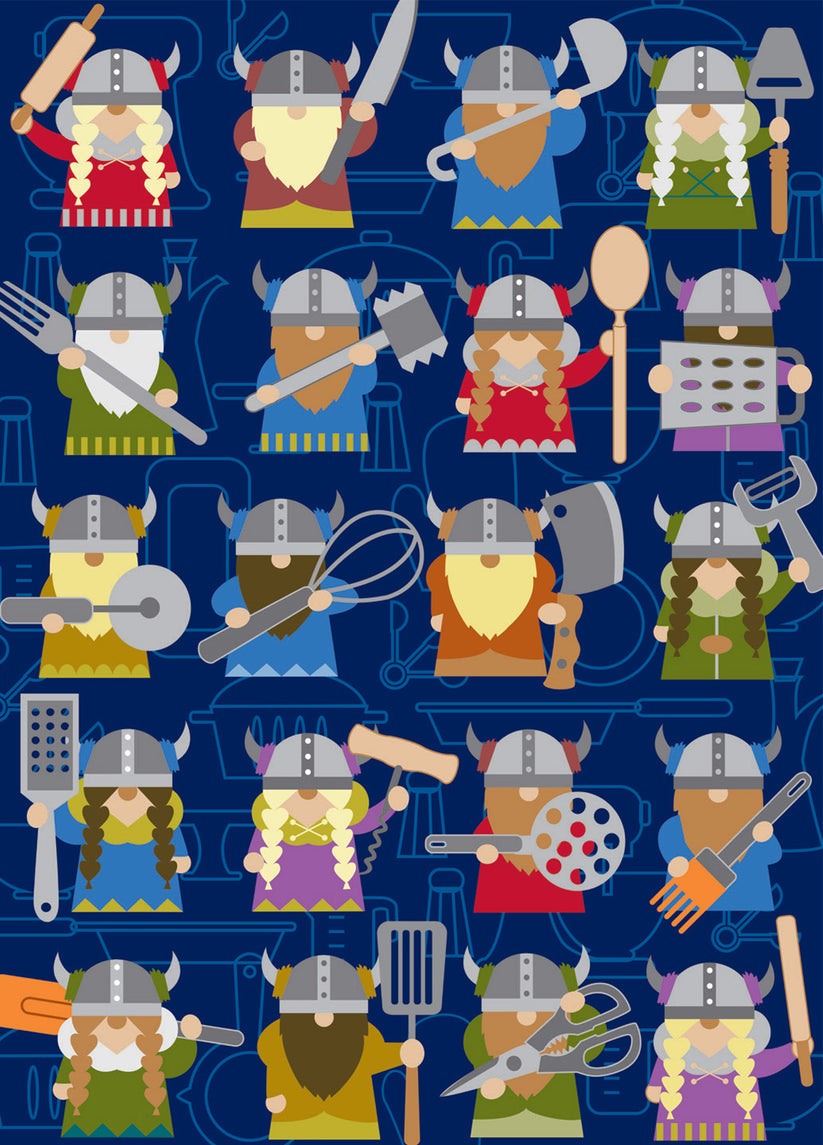 The Culinary Warriors puzzle by Cindy Lindgren features whimsical illustrated cartoon Vikings, known as the Viking Chefs, posed with cooking utensils on a blue background.