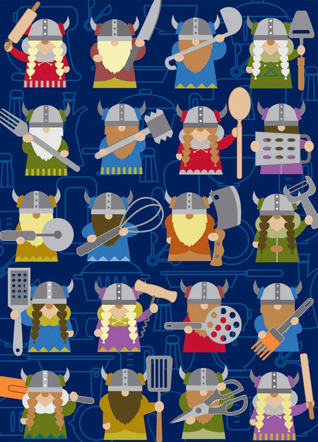 Cartoon Vikings in helmets and colorful clothing hold kitchen utensils, arranged in rows on a navy blue background in Scandinavian art style puzzle.
