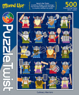 PuzzleTwist: Culinary Warriors by Cindy Lindgren features cartoon vikings as chefs with kitchen utensils on the box cover. This 500-piece puzzle, inspired by Nordic culture, is part of the PuzzleTwist Mixed Up! Viking series.