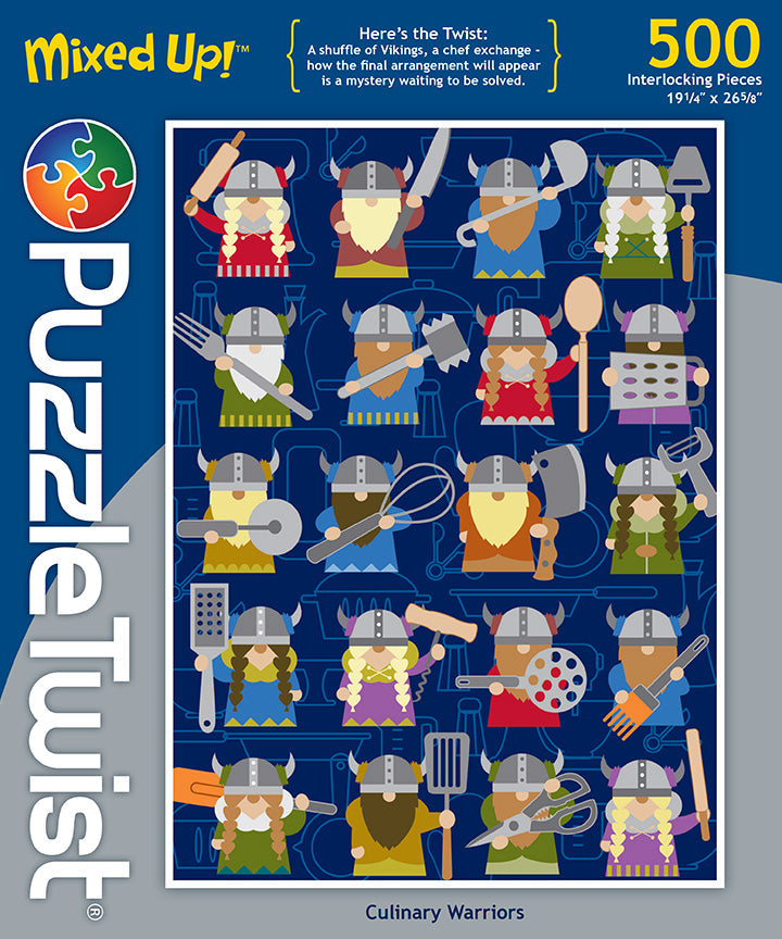 The puzzle box, titled Culinary Warriors by Cindy Lindgren, features cartoon Viking Chefs using kitchen utensils. It is a 500-piece set from Puzzle Twist with dimensions provided.