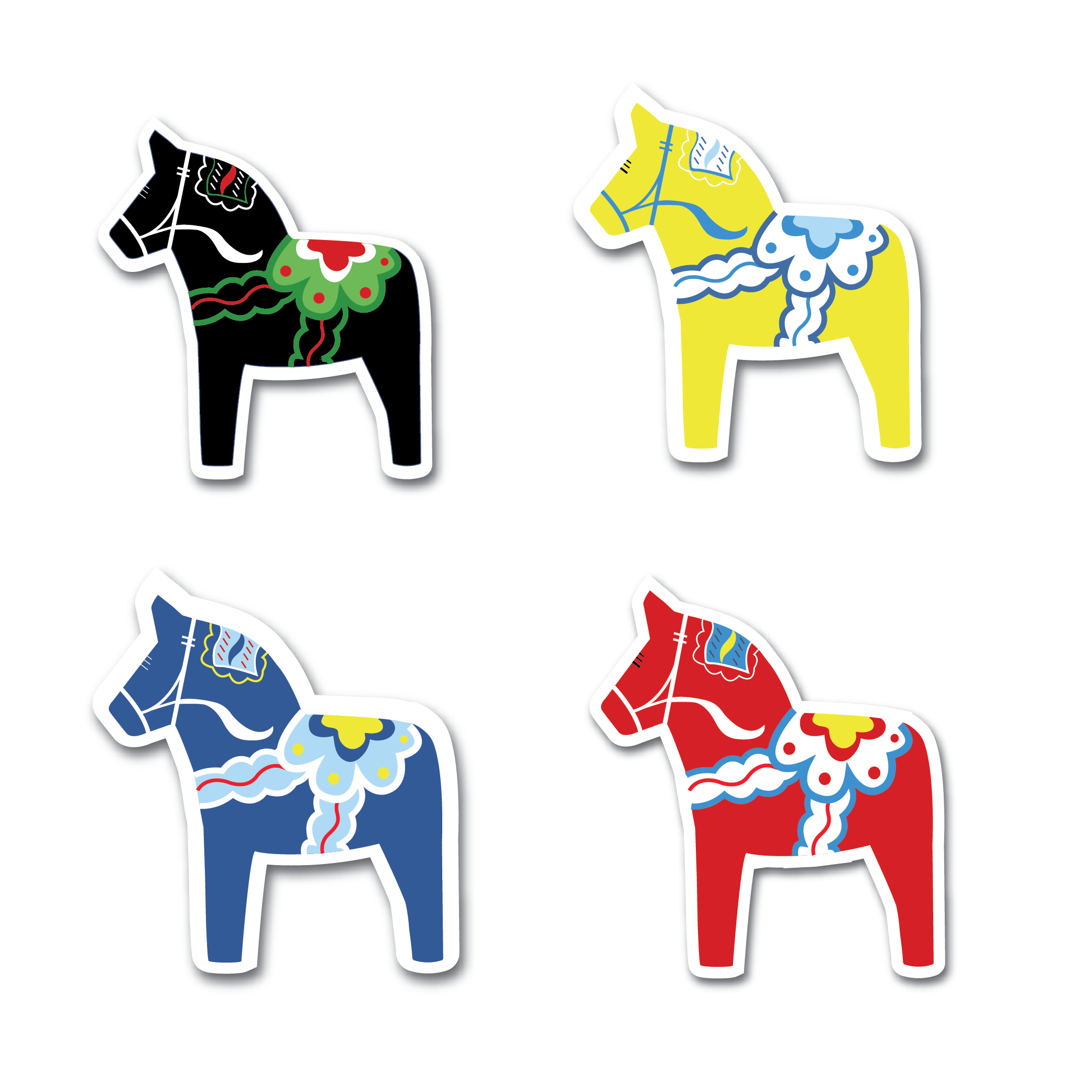 Experience the charm of our Sticker: Mini Dala Horses, featuring four vibrant mini Dala horse designs in black, yellow, blue, and red. Each sticker is beautifully adorned with traditional decorative patterns, making them perfect for decals.