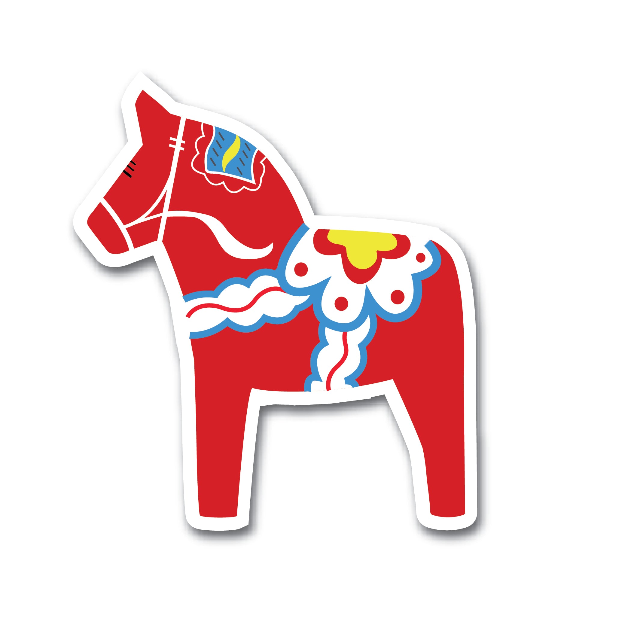 Depiction of the Sticker: Dala Horse, showcasing a weather-proof red Dala horse adorned with vibrant patterns in yellow, blue, and white set against a white background.