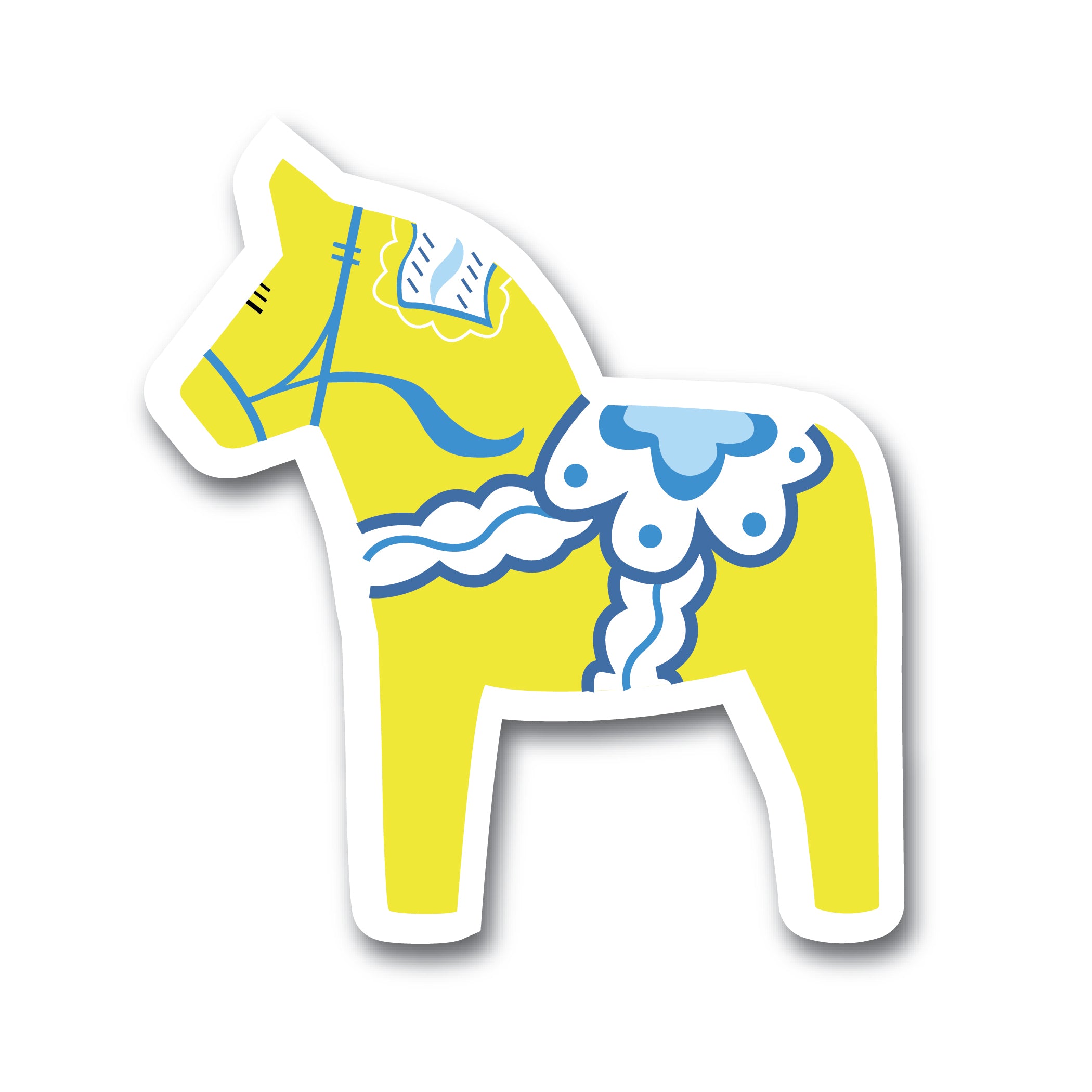 White and yellow Dala Horse sticker with blue decorative patterns on a white background, made from weather-proof vinyl.