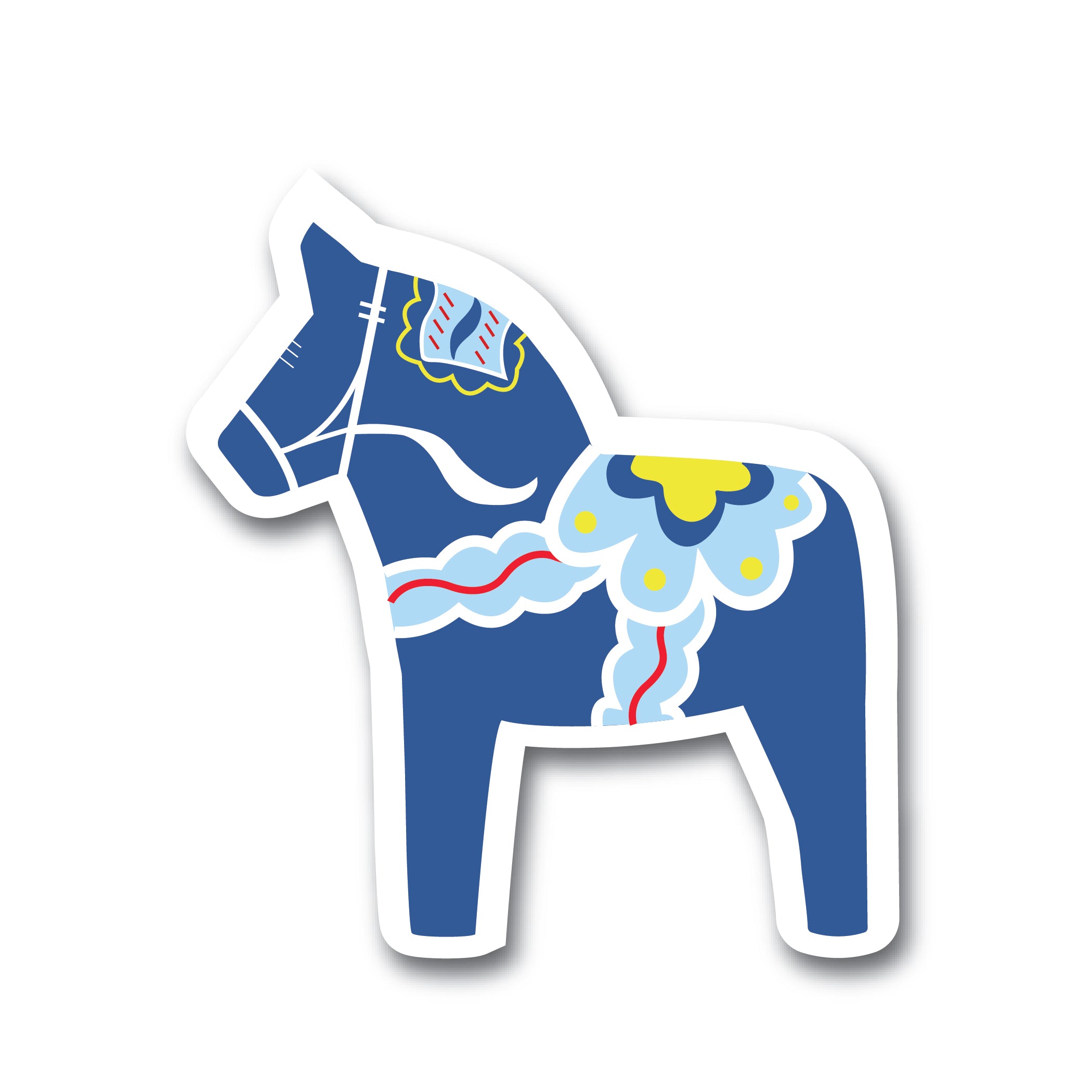 Illustration of the weather-proof Sticker: Dala Horse, showcasing a blue horse decorated with intricate patterns in yellow, white, and red on its body.