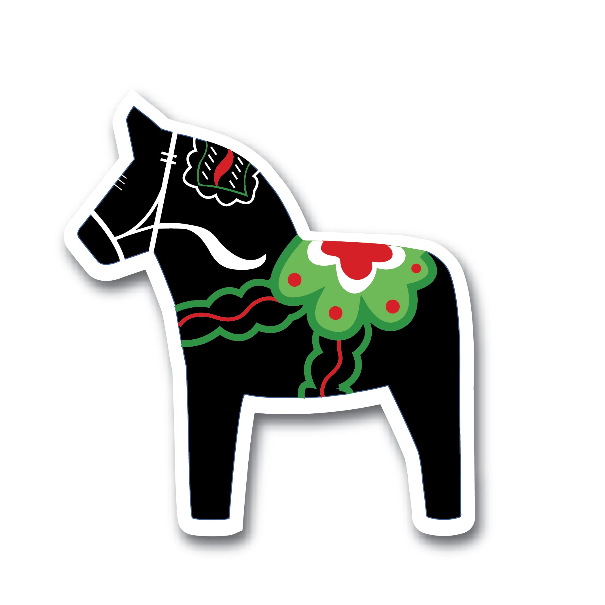 Weather-proof vinyl sticker depicting a black Dala horse adorned with decorative red, green, and white patterns is now available as "Sticker: Dala Horse.