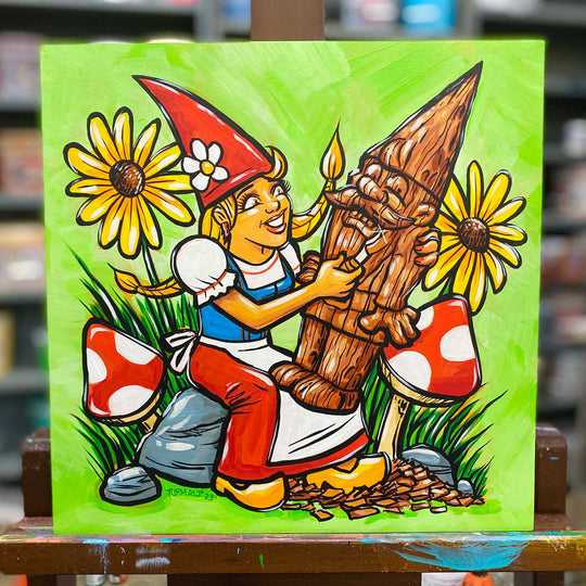 Artwork: Dagger Girl Gnome Whittling a Wooden Garden Gnome 12 x12 by Artist Adam Turman