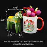 A hand-painted Dala Horse: Salenhasten 13cm (5" tall) with floral motifs stands beside a decorative mug of faux flowers, illustrating Swedish artistry. Arrows and text indicate the dimensions of the horse and mug.