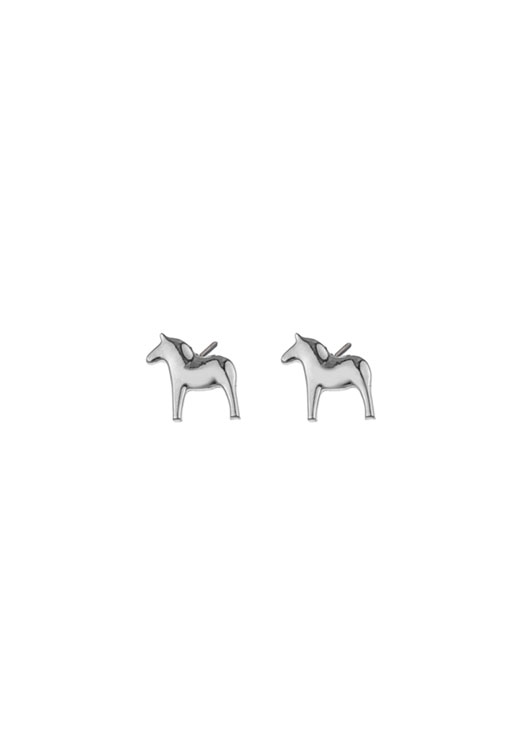 The Anna Viktoria Silver Dala Horse Stud Earrings from Scandinavian Jewelry feature a minimalist design on a white background.