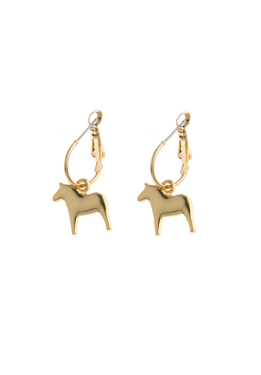 Explore the charm of Scandinavian jewelry with the Anna Viktoria Gold Dala Horse Small Hoop Earrings, featuring enchanting horse-shaped charms reminiscent of traditional Dala horses.