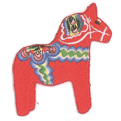 The Patch: Patch Embroidered Dala Horse features a vibrant design with colorful patterns, adding charm as an iron-on sew patch to enhance your favorite garment.