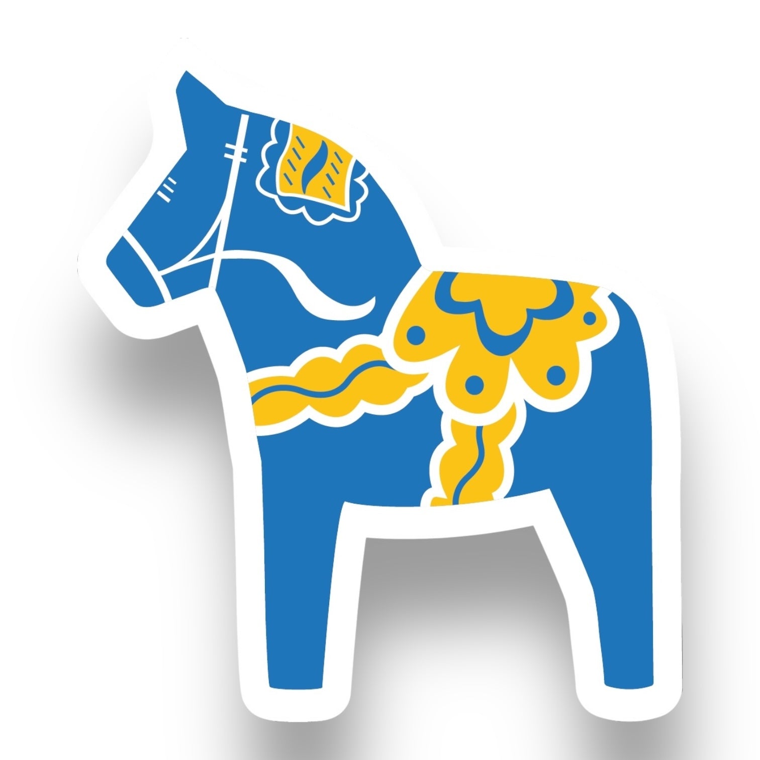 Blue Swedish Dala Horse sticker with yellow patterns, highlighting Scandinavian artistry; glossy and UV/water-resistant, dishwasher safe, easy peel, 2.5 x 4 in. Available in red/blue/yellow (Buy 3 Get 1 Free).
