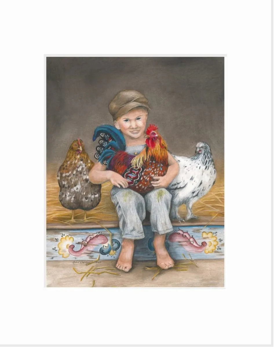 A young child in a cap sits barefoot on a colorful ledge with a Dala Rooster. Flanked by two chickens, theyre set against a soft, muted background that resembles a delicate colored pencil drawing. The scene is titled Artwork: Dala Rooster - Up with the Chickens.